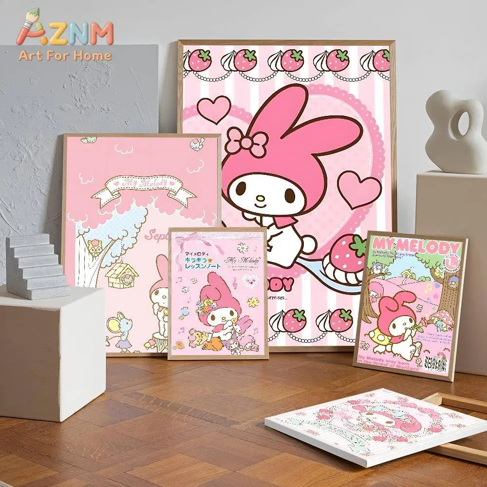 Cute Sanrio My Melody Wall Poster,Sweet Pink Floral Strawberry Canvas Print,Unframed Wall Art for Girls Bedroom Home Decoration