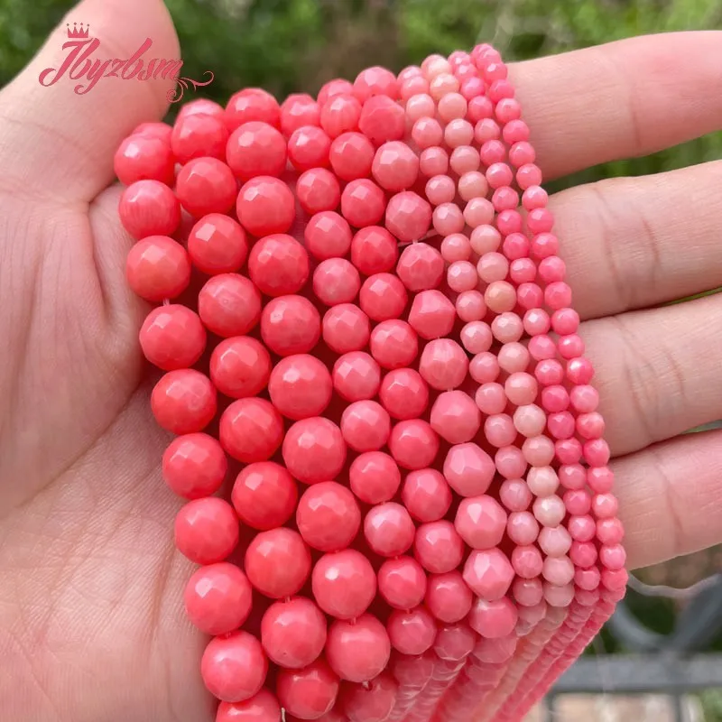 3/4/6/8mm Natural Pink Coral Faceted Round Loose Stone Beads For DIY Necklace Bracelets Jewelry Making Strand 15\