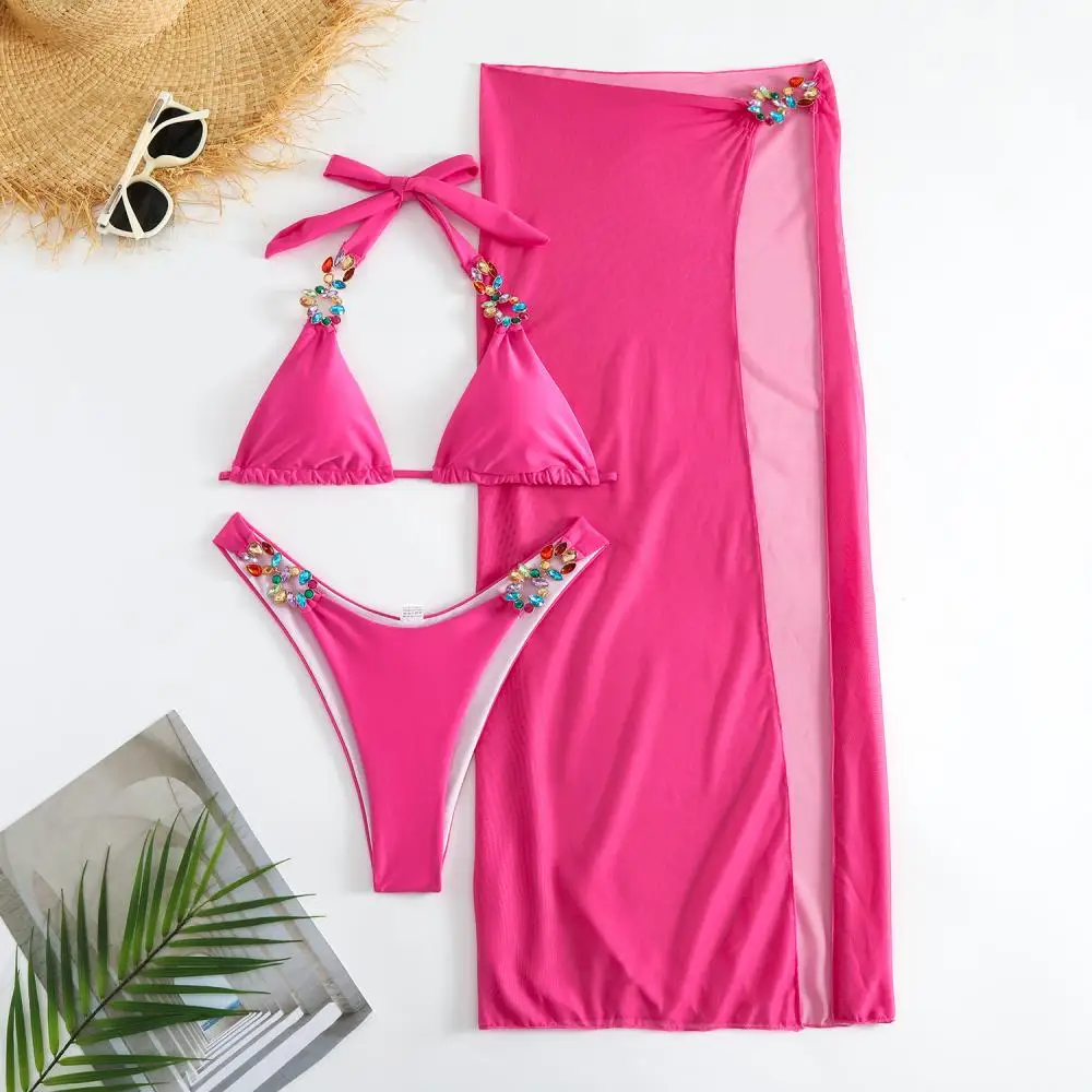 

Women's Summer New Bright Diamond Solid Color Long Dress Mesh Three-piece Swimsuit Bikini