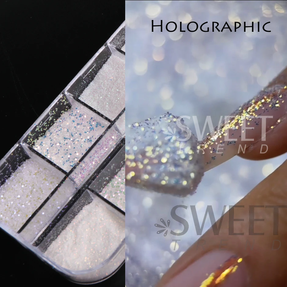 12 Grids Sparkling Sugar Nails Glitter Powder Winter Snowy Sweater Design Holographic White Chrome Pigment Manicure Decor Flash