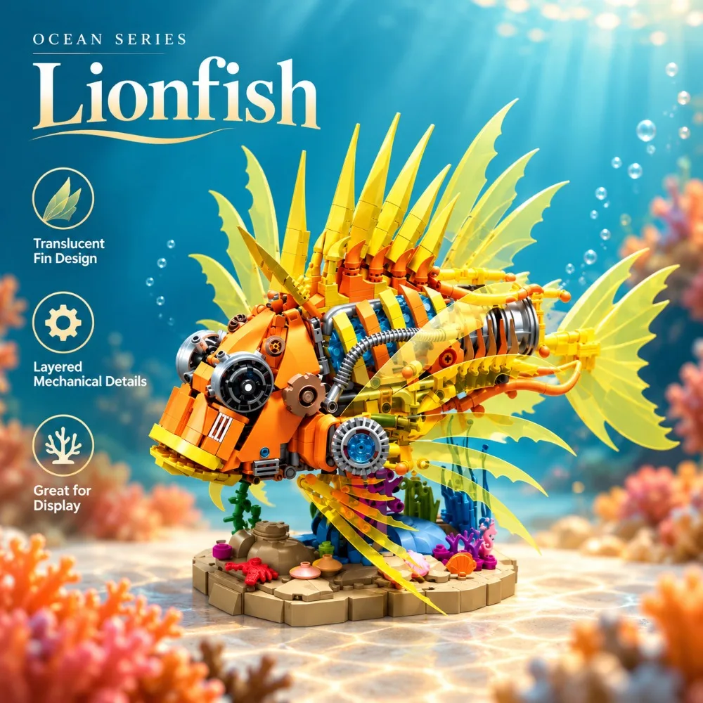 Creative Mechanical Lionfish Building Blocks Set DIY Tabletop Model Decoration Marine Life Animal Bricks Toys Birthday Gifts Kid