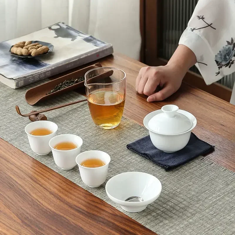

Dehua White Porcelain Travel Kung Fu Tea Set Portable Bag A Bowl Four Cups Glass Cup Gift