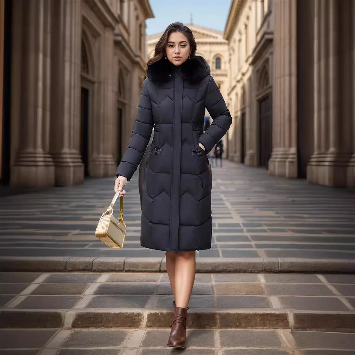 Giacca in cotone da donna 2025 Inverno lungo addensato in pelliccia Parka Cappotti Giacca imbottita da donna dimagrante con cappuccio in colore puro femminile