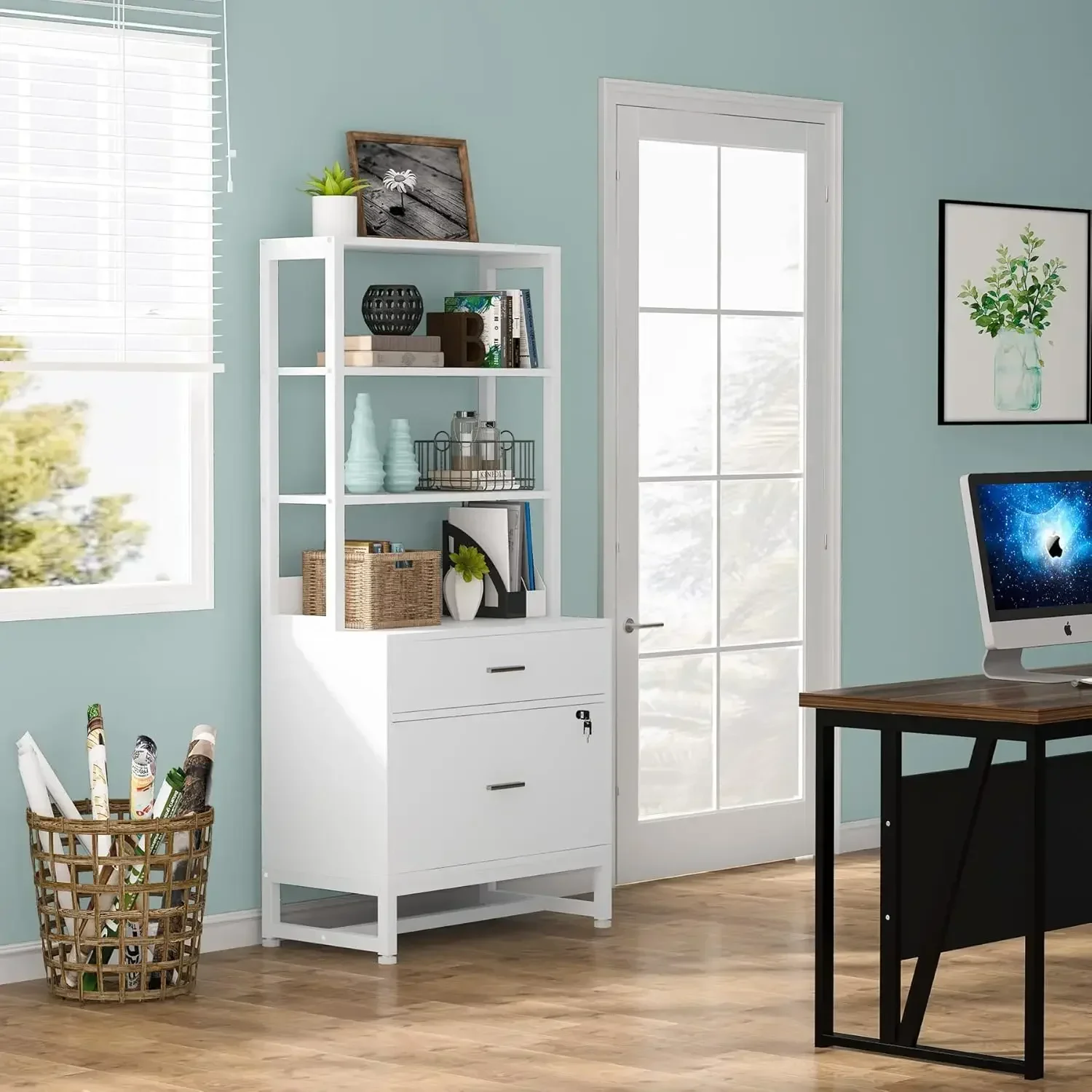 Vertical Two Drawer Filing Cabinet With Lock Bookshelf Letter Size Large Storage Printer Stand For Home Office White