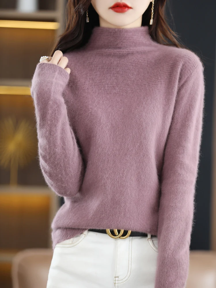 

Yoyoselect 2024 New Women 100% Mink Cashmere Sweater Mock Neck Casual Pullover Autumn Winter Jumpers 7 color Soft Knitwear Tops