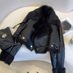 Winter Women Streetwear Faux Lamb Leather Fur Short Jacket with Belt Moto Biker Thick Warm Sheepskin Coat Outwear