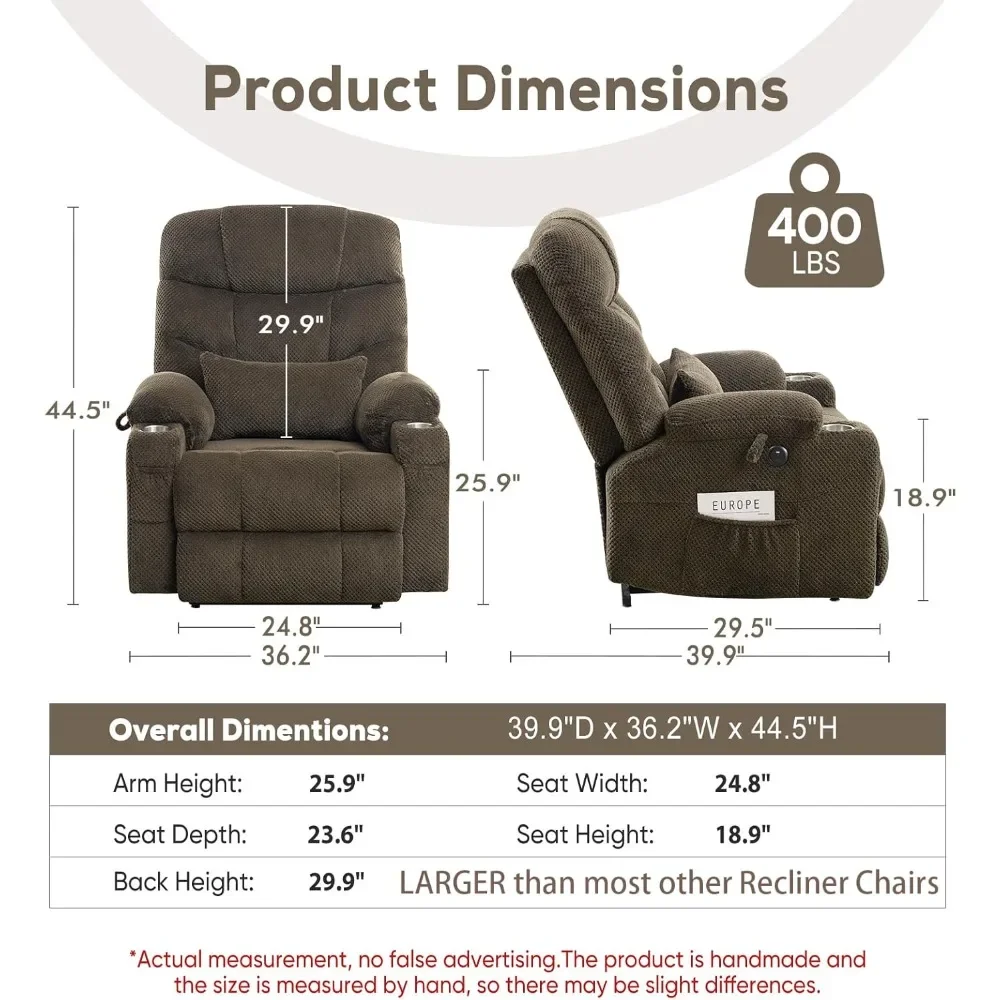 Large Dual Motor Lay Flat Power Lift Recliner Chair with Massage,Heating,Lumbar Pillow,USB & Type-C Ports