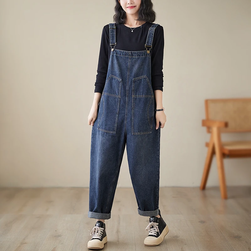 Vintage Dark Blue Denim Jumpsuit Women Casual Loose Wide Leg Straps Cargo Baggy Pants Big Size Pockets Mom Jeans Ladies Overalls