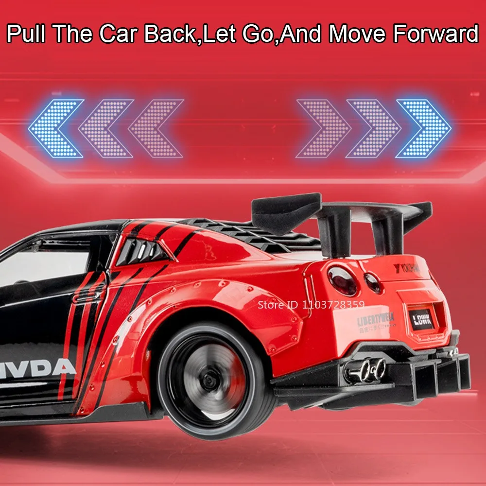 1:24 Spray GTR coches deportivos modelos de juguete aleación Diecast GTR-R34 supercares sonido luz puertas abiertas tirar hacia atrás coches de carreras regalos para niños