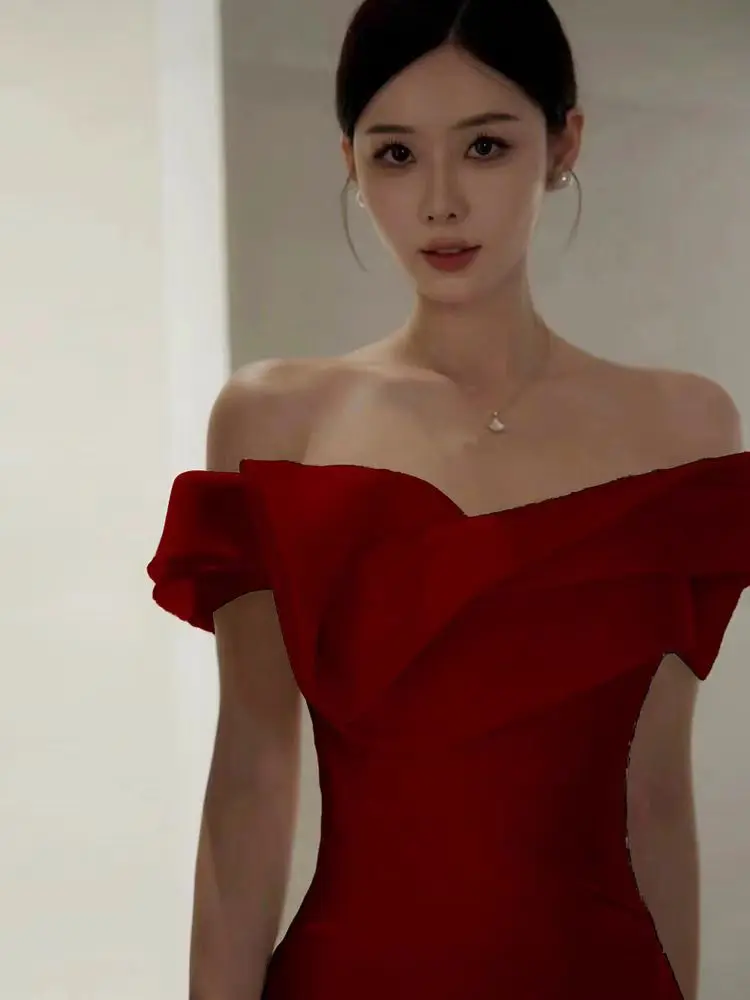 

Red Satin One oulder Evening Gown Wedding Dr for Host Annual Meeting New Bride Engagement Dinner Par Long Skirt