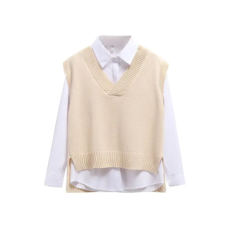 Women Sweater Vest Spring 2022 Autumn Women Short Loose Knitted Sweater Sleeveless V-Neck Pullover Tops Female Outerwear Beige