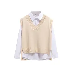 Women Sweater Vest Spring 2022 Autumn Women Short Loose Knitted Sweater Sleeveless V-Neck Pullover Tops Female Outerwear Beige