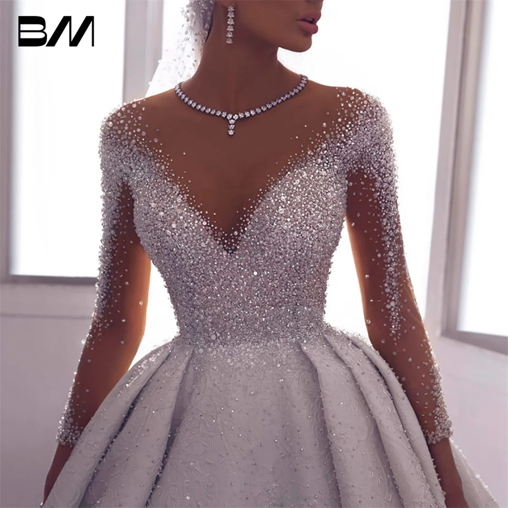 Lace Crystal Beaded Sparkling Bridal Gowns Customized Vestido de novia Exquisite A Line Wedding Dresses Sweetheart Long Sleeves