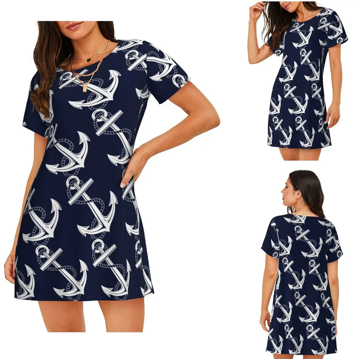 Custom Anchor Nautical White And Navy Short Sleeves Nightdress For Sleeping Women Short Sleeve Nightgowns Loose Pajama Dress