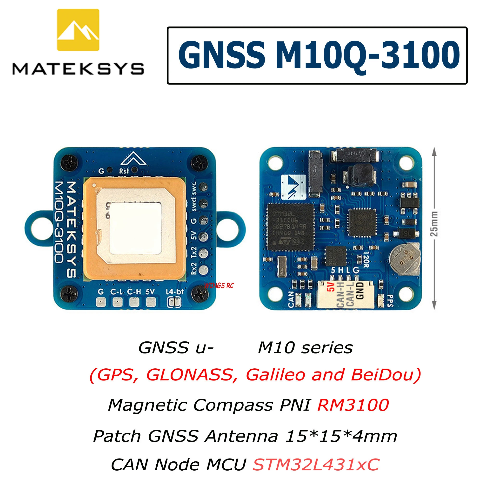 MATEK Mateksys AP_PERIPH DRONECAN GNSS M10Q-3100 Built-in Magnetic Compass PNI RM3100 Patch Antenna For Toy Rc Airplane