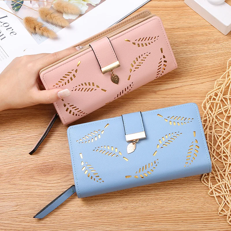 Leather Women Wallets Clutch Purse Female Long Wallet Gold Hollow Leaves Handbag Ladies Credit Card Holders Coin Purse Phone Bag