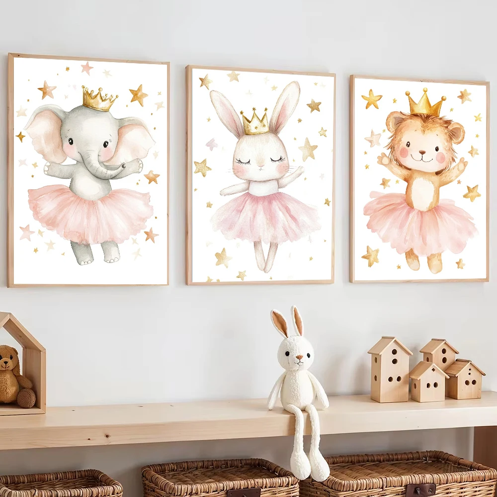 Pink Unicorn Bunny Lion Elephant Crown Ballet Dancer Poster Print Nursery Wall Art Canvas Painting Nordic Cartoon Kid Room Decor