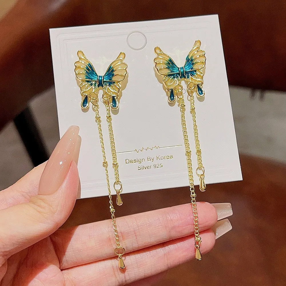 New Chinese Style Vintage Green Butterfly Tassel Earrings Fashion Design Temperament Female Earrings Ring Bracelet Jewelry Set