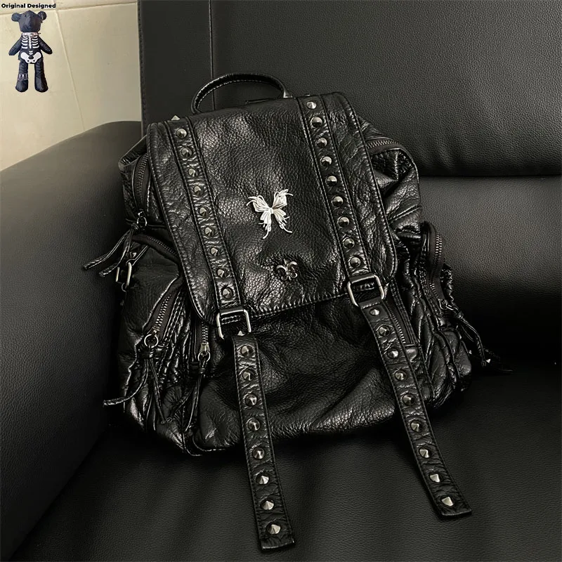 Y2K Spicy Women Girl vintage Metal Punk Shoulder Bag Backpacks Harajuku Ladies Hip hop Rock Lager Capacity Backpack Totes