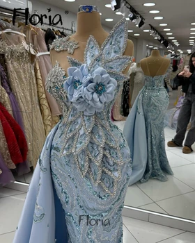Dubai Arabic Sky Blue Evening Dress Mermaid 3D Lace Crystal Beaded Wedding Party Dresses Robe de Soiree Femmes Customized