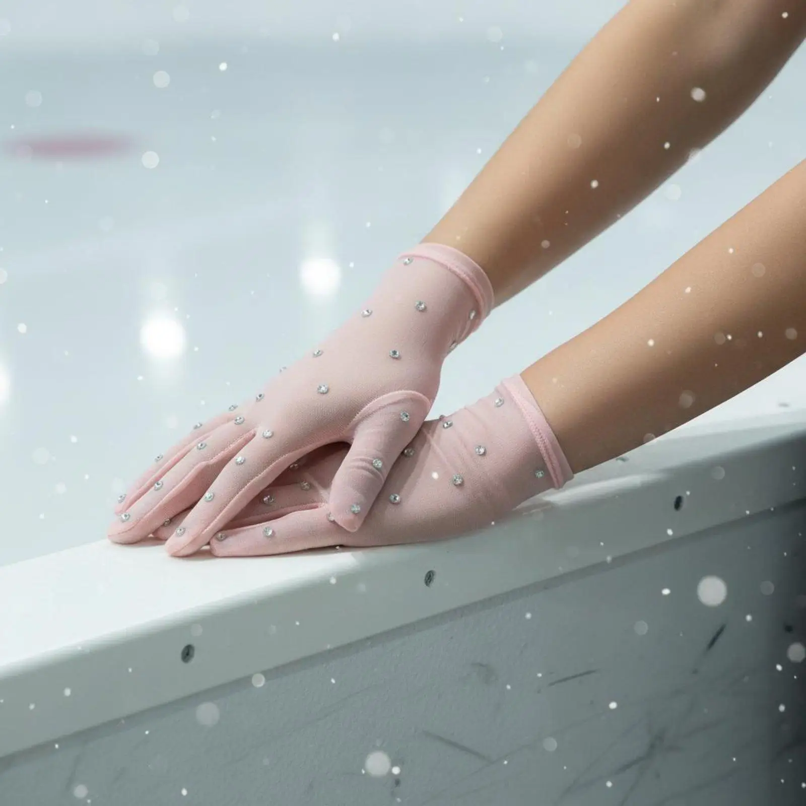 Women Skating Gloves Breathable Mesh Rhinestone Gloves Transparent Performance Handwear for Figure Skating Competition
