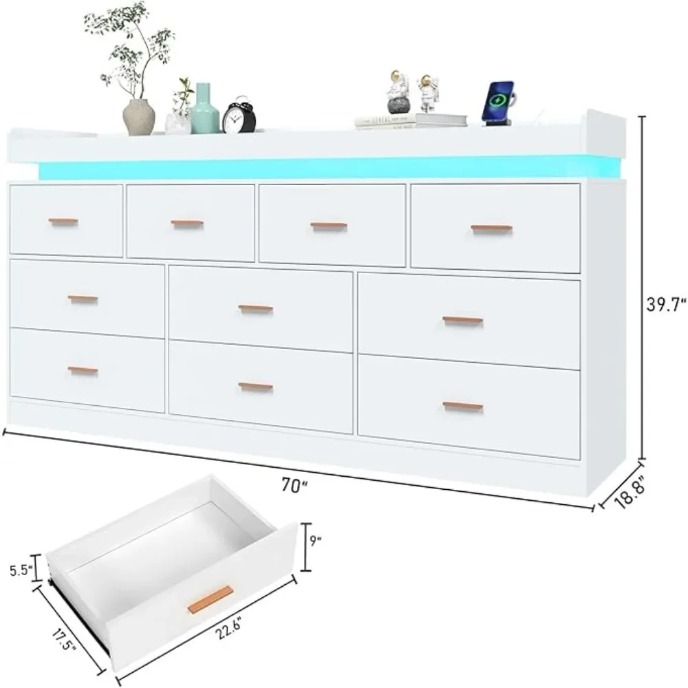 10 Drawer Dresser with LED Light and Charging Station, Modern Chest of Drawers for Closet, Wide Drawer Organizer Cabinet