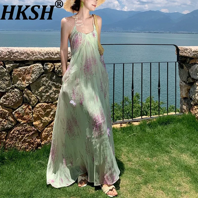 

HKSH Summer New Women's French Vacation Style Elegant Stylish Halter Neck Backless Sexy Trendy Printed Strap Long Dresses HK7815