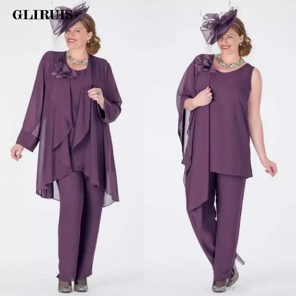 

2026 Chiffon Mother of the Bride Dresses Pants Suits Long Sleeves 3 Pieces Evening Gowns Ankle-Length Wedding Guest Dress
