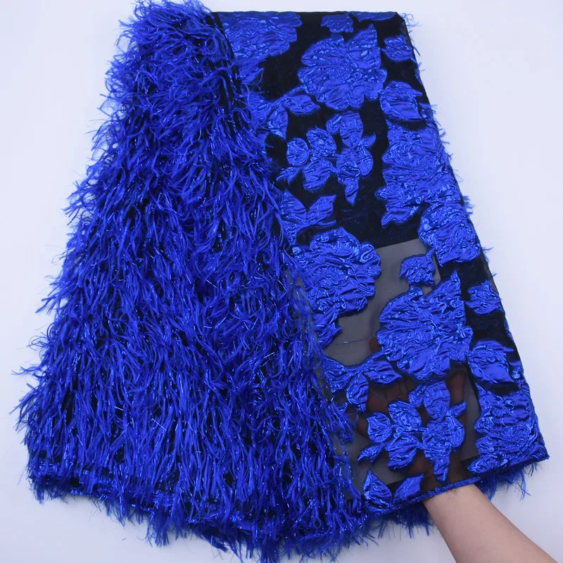 Latest Royal Blue French Tulle Lace Fabric Fluffy Feather Mesh Lace African Lace Fabric Embroidery For Wedding Dress