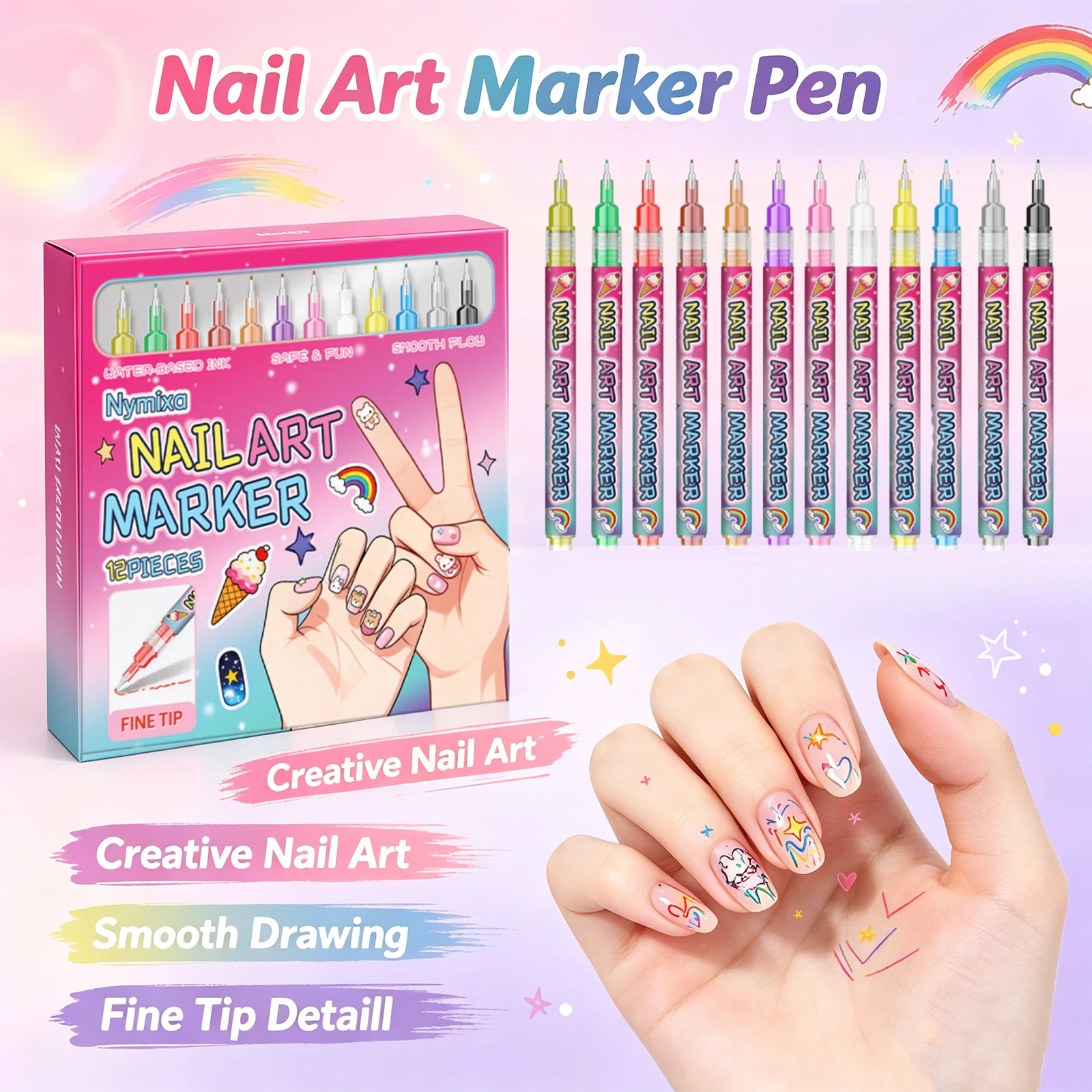 12 Colors Nail Art Marker DIY Nail Drawing Pen Set with Fine Tip Smooth Ink Quick Dry Manicure Painting Tools for Beginners