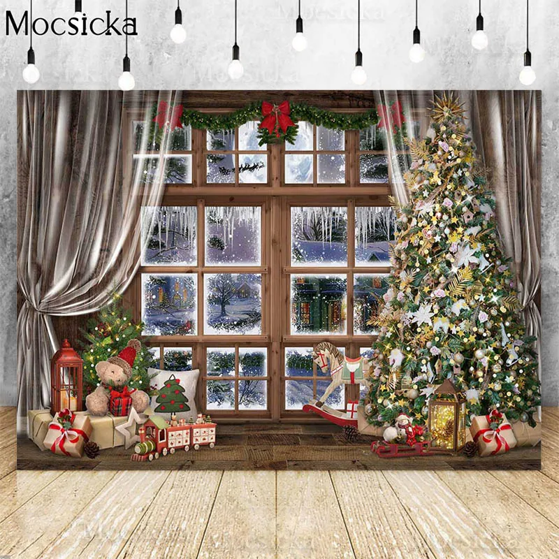 Christmas Window Backdrops For Photography White Curtains Trojan Horse Winter Xmas Background Kids Family Portrait Photo Studio