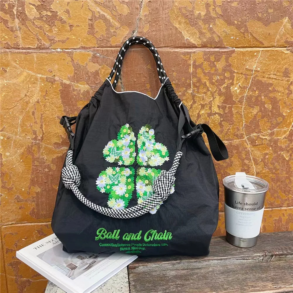 Kawaii Ballchain Four Leaf Clover Embroidered Shopping Bag Nylon Anime Cute Black Large Capacity Shoulder Bag Women Handbag Gift