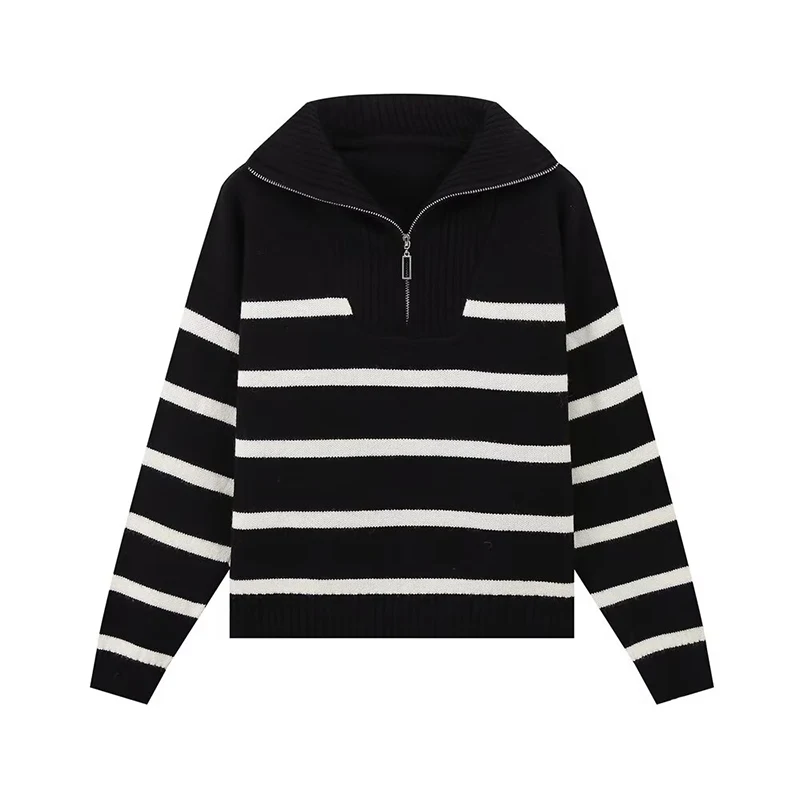 Autumn Winter Women Zipper Striped Sweater Long Sleeve Lapel Collar Casual Short Knit Pullovers Female Jumper