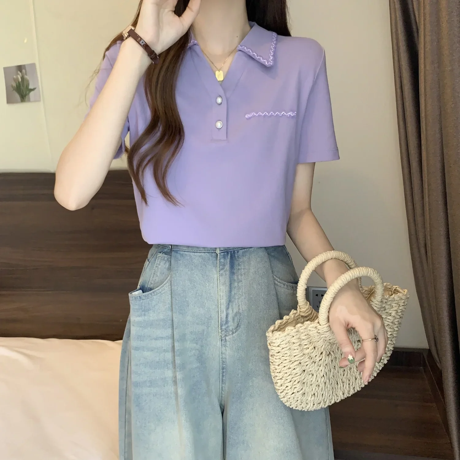 

Knitted Polo Neck T Shirt for Women Summer Outfit Woman Tshirt on Offer Youthful Elegant Youth New Cheap Tops Y2k Fashion 2025