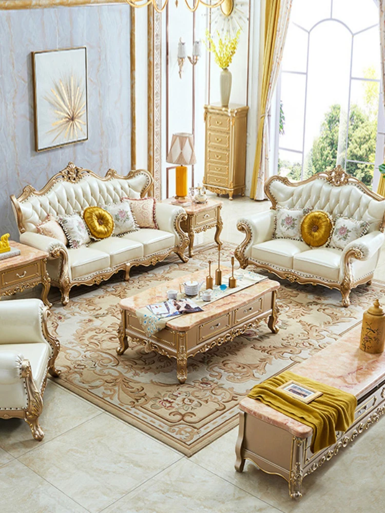 

High quality American solid wood leather sofa courtyard European luxury carved furniture simple European sofa italian sofa