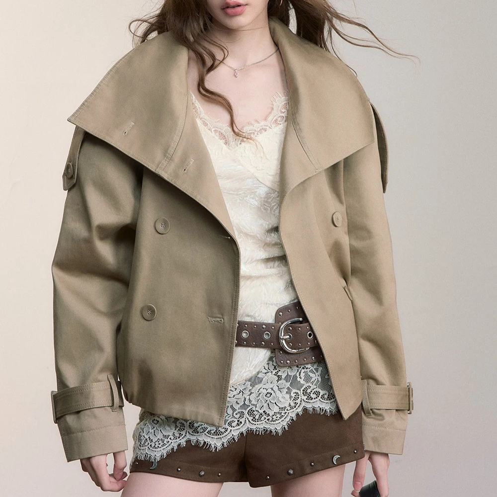 TWOTWINSTYLE Khakl Gesplitst Double Breasted Jas Vrouwelijke Coltrui Lange Mouw Streetwear vrouwen Jassen Herfst Mode Nieuwe