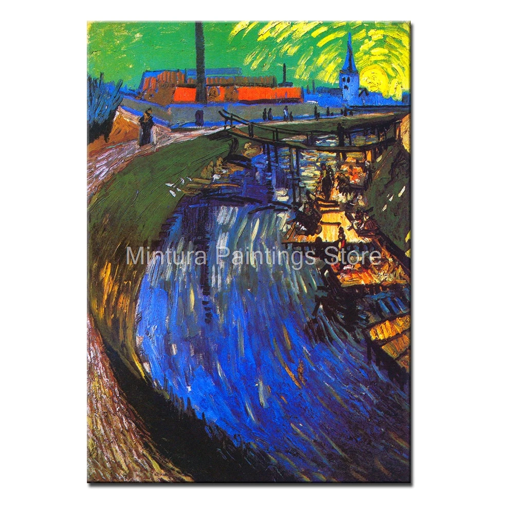 Mintura Hand-Painted Vincent Van Gogh Reproduction Oil Paintings Women Washing On A Canal Frameless Art On Canvas,For,Home Decor