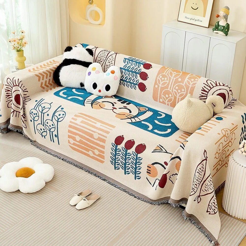 Reversible Sofa Cover Cartoon Printed Non-Slip Stretchable Four Seasons Universal Seat Slipcover Full Coverage Sofa Blankets