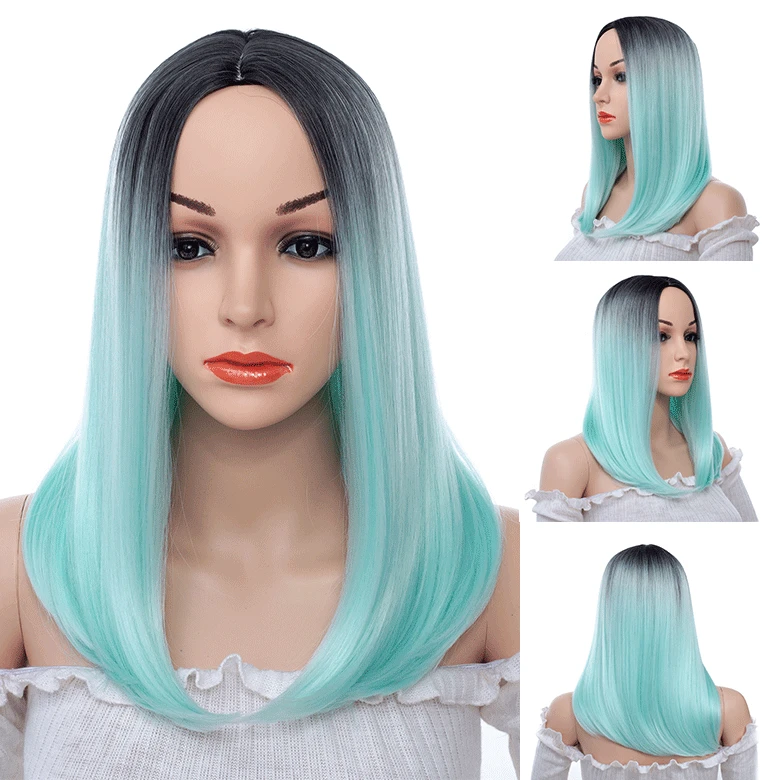 

Women's wigs made of synthetic fibers, dyed with gradient colors, with differentiated fibers blue wig green wig