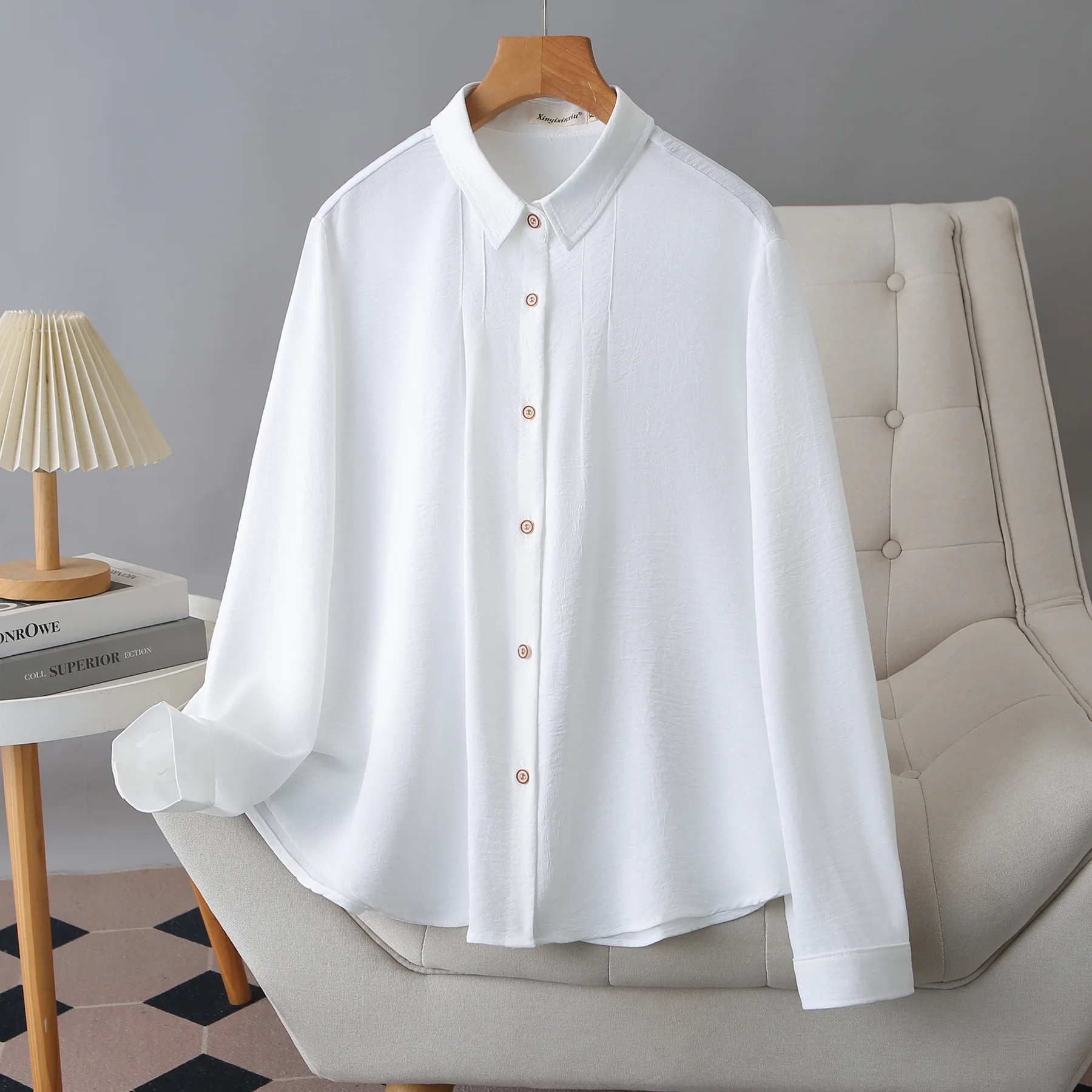 

Женская блузка больших размеров XXXXL, модная, весна 2026, с длинным рукавом, из ледяного шелка, плиссированная, простая рубашка 1211