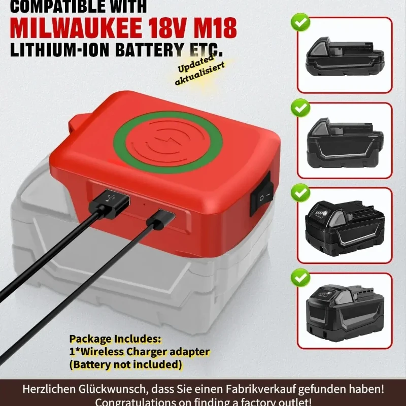 Charger Adapter with USB Type-C Charging Ports for Milwaukee 18V Li-ion Batteries with 4 Wireless Charging Modes for Cell Phones