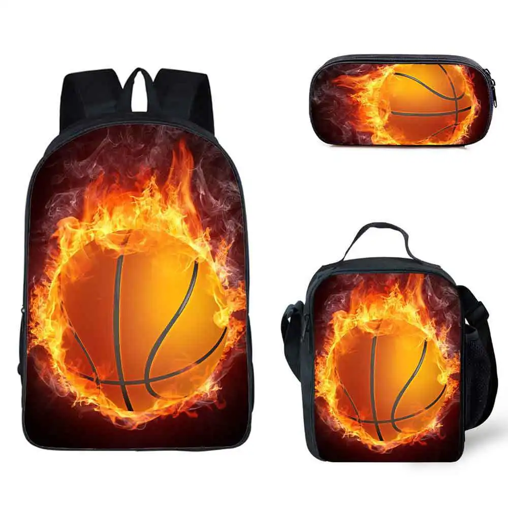 Engraçado dos desenhos animados fogo basquete 3 pçs/set mochila impressão escola estudante bookbag adolescente meninos meninas daypack almoço saco lápis caso