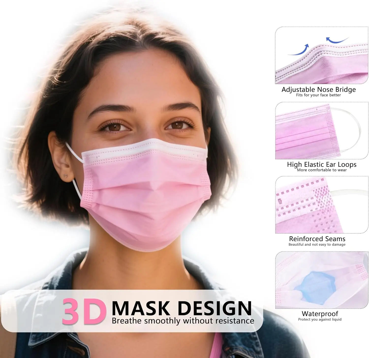 100Pcs Protective 3-Layer Pink Disposable Masks - Breathable and Comfortable, with Adjustable Ear Loops and a Secure Fit Nose Pad - Affordable for Home Use, Can Be Purchased in Bulk, Perfect for Outdoor Activities, Home, Commuting, Office, School, Unisex