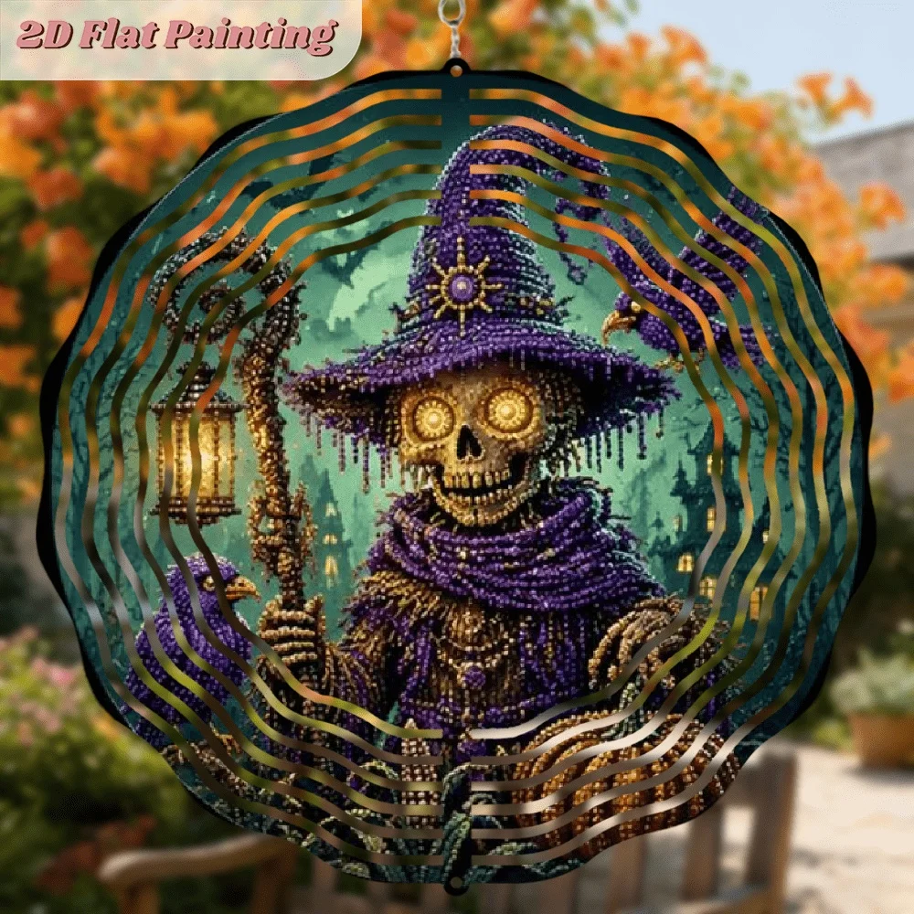CIFbuy 360 Creative Wind Chimes Halloween Dia De Los Muertos Spinning Hanging Ornament Purple Witch Hat Skull Oil Lamp Bird