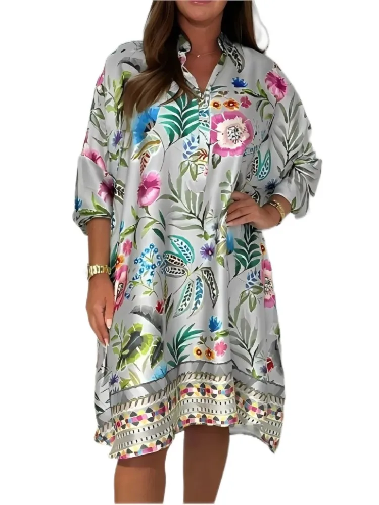 Abiti midi con stampa floreale di nuova moda estiva Abiti casual da donna a maniche lunghe con scollo a V e bottoni Abiti larghi per le donne Abito Boho da vacanza