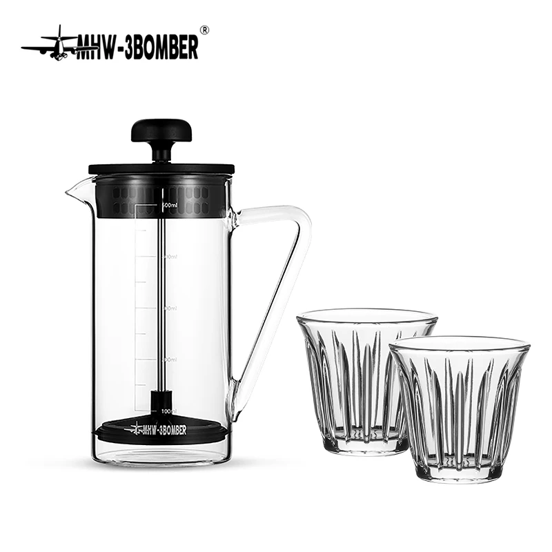 MHW-3BOMBER French Press Set with 2 Glass Cups Clear Scale Coffee Brewer 450ml Hot & Cold Resistant Glasses Barista Accessories