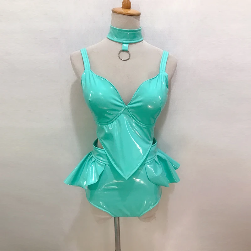 

Mint Green Bright Leather Pole Dance Costume Women Bar Jazz Gogo Dance Clothing Tops Shorts Rave Outfit Adult Dancewear YS5272