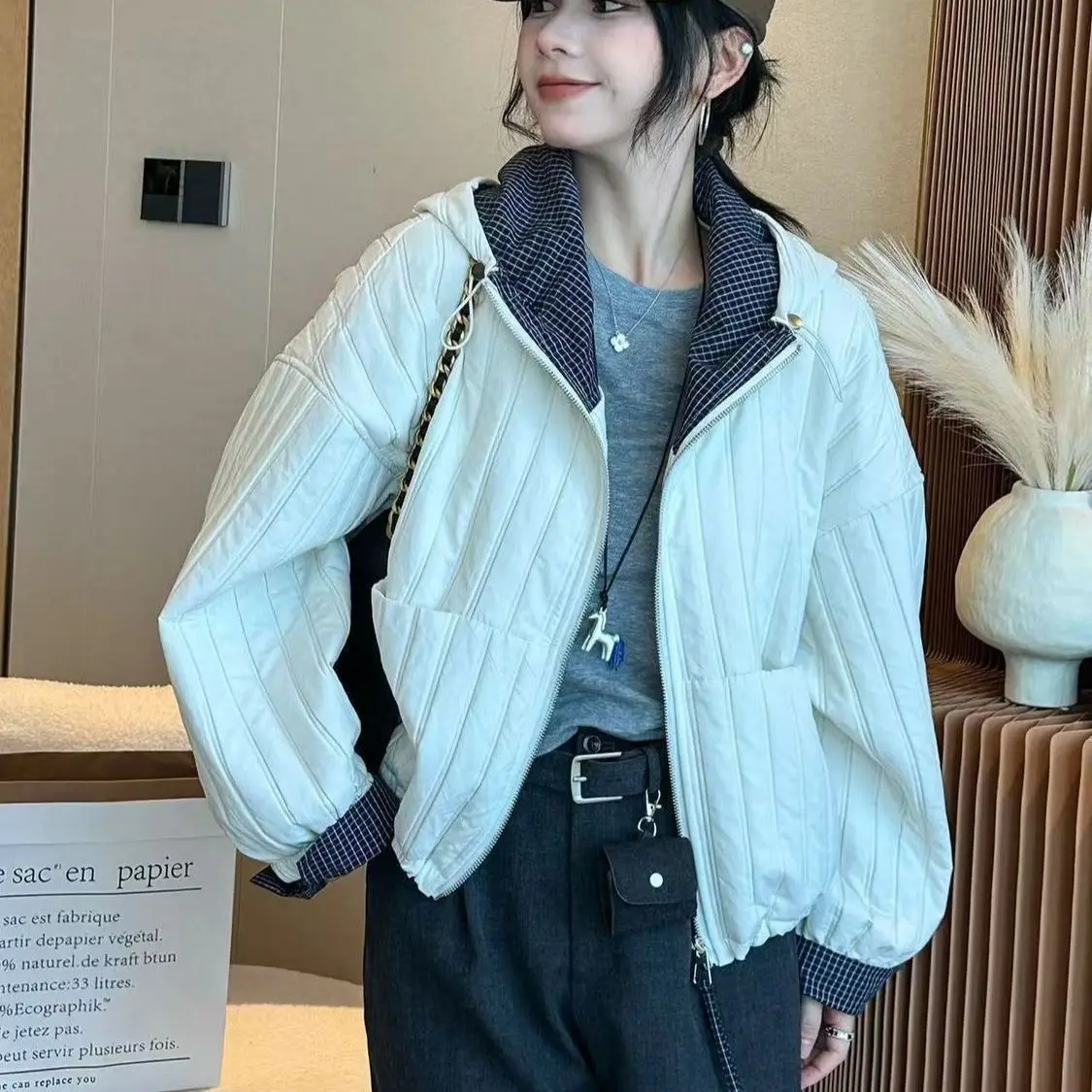 

Hooded Grid Thickened Jacket Women's European Station Autumn Fashion Versatile Skinny Jacket small jacket women jackets