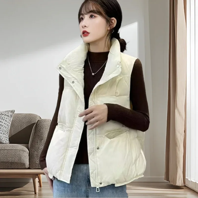Down cotton jacket women 2026 new short autumn winter vest high collar sleeveless zipper pocket women's cotton coat clothing