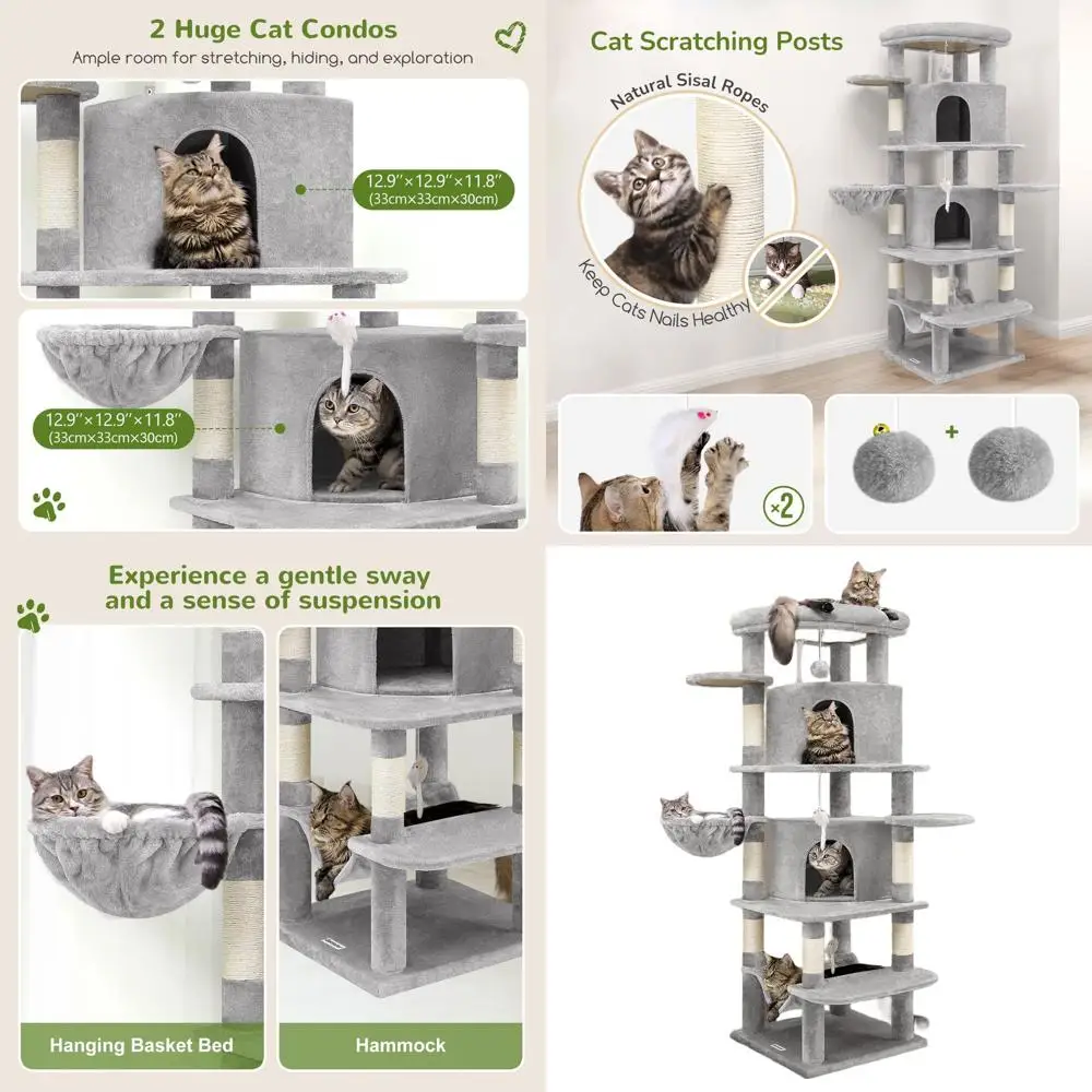 

Изогнутый кошачий комплекс высотой 66 дюймов с 6 когтеточками, 2 домиками, гамаком и подвесной корзиной для крупных домашних кошек, светло-серый